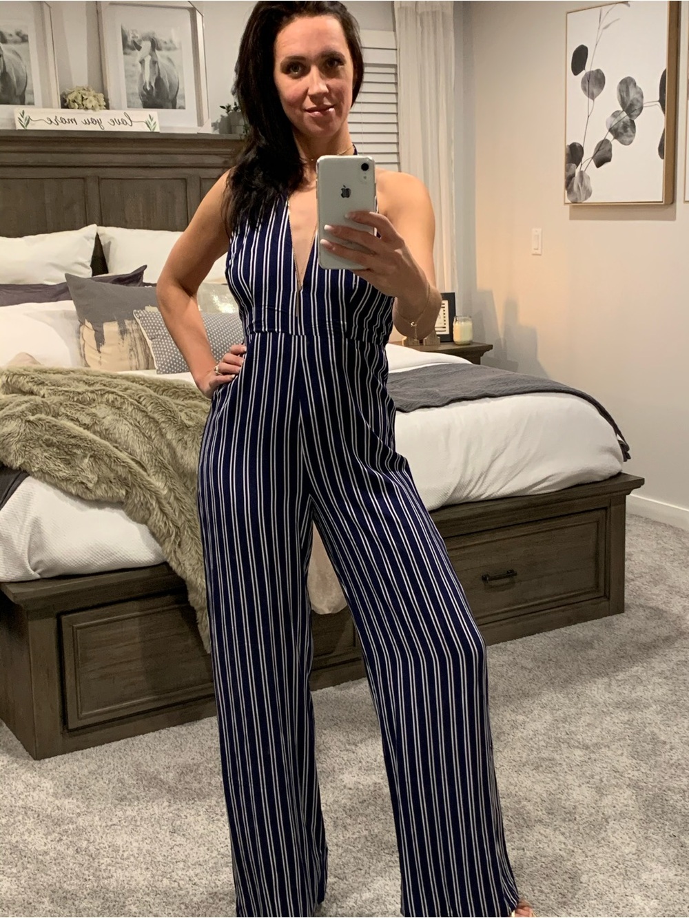 Jack by BB Dakota Navy and White Striped Halter Jumpsuit, small